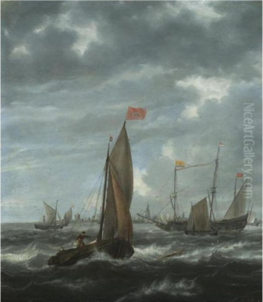 Merchantmen And Other Shipping Off Flushing Oil Painting by Jan Peeters