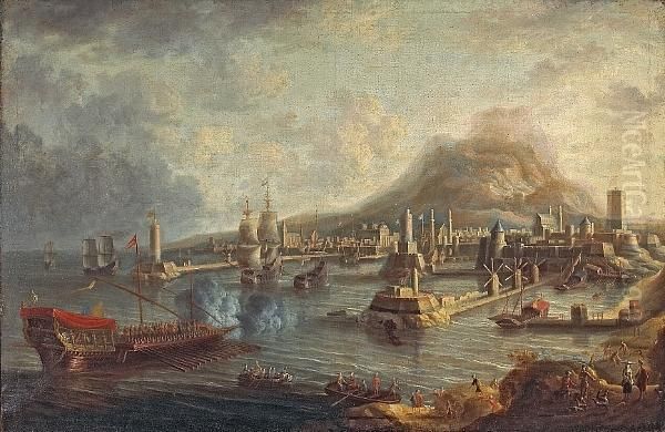 A Capriccio Of A Mediterranean Port With Shipsin A Busy Harbor Oil Painting by Jan Peeters