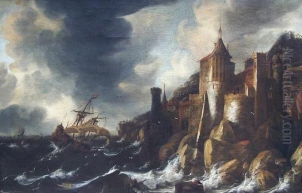 Schiff Im Sturm Vor Felsiger Kuste Oil Painting by Jan Peeters