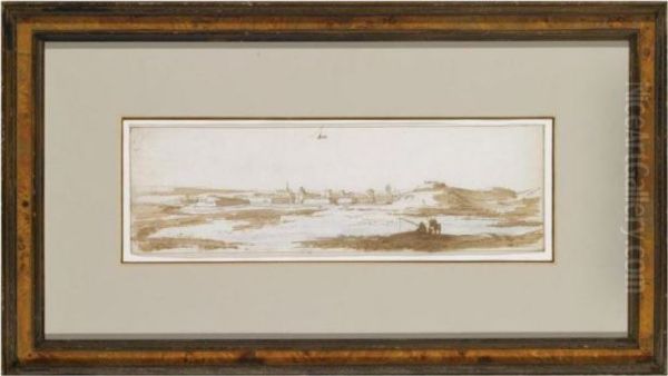 View Of The Town Of Ham And Its Surrounding Landscape, With Anglers In The Forground Oil Painting by Jan Peeters