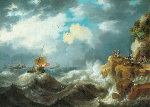 Navi Durante Una Tempesta Davanti A Una Costa Rocciosa Oil Painting by Jan Peeters