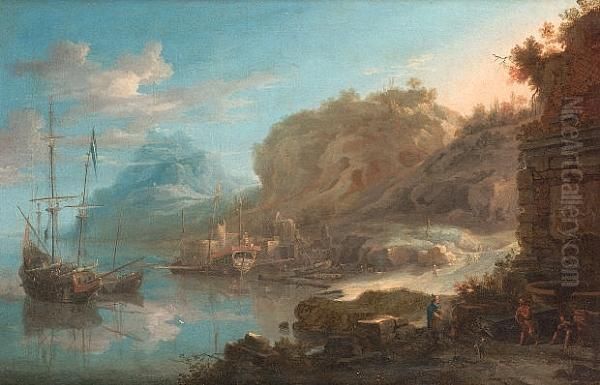 A Coastal Inlet With Moored Shipping And Figures On The Shore Oil Painting by Jan Peeters