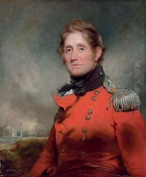 Portrait of Major John Bradford (1758-59-1841), half-length, in the uniform of the 21st Bengal Native Infantry, with the Taj Mahal beyond Oil Painting by Arthur William Devis