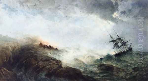 A Ship in Distress, with Figures n the Shore Firing a Rocket Oil Painting by Edward Duncan