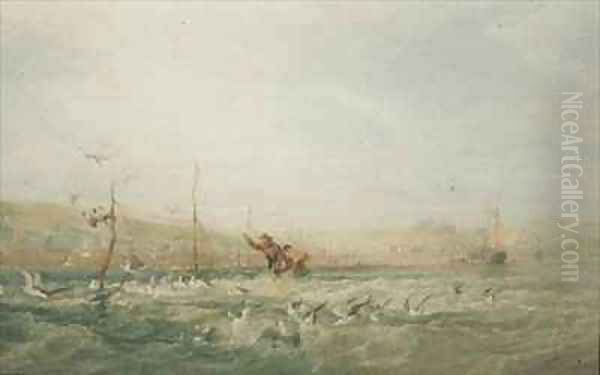 Fishermen Chasing Seagulls from the Nets Mumbles South Wales Oil Painting by Edward Duncan