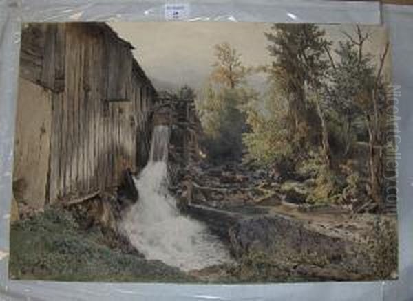 Watermill In A Wooded Landscape, Signed Anddated 1895 Oil Painting by Eduard Peithner Von Lichtenfels