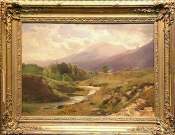 River Landscape With Mountains Beyond Oil Painting by Eduard Peithner Von Lichtenfels