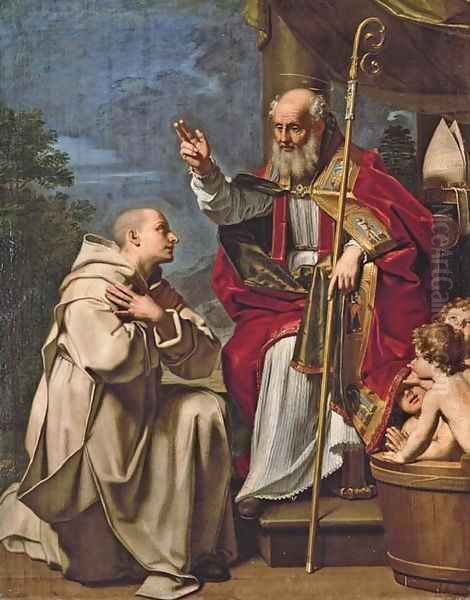 Saint Nicholas with the three school children and a Carthusian monk Oil Painting by Michele Desubleo