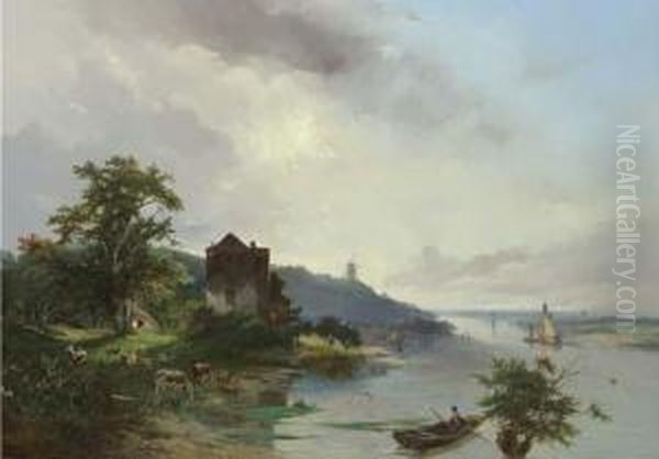 Panoramic View Of A River Landscape Oil Painting by Jacobus Pelgrom