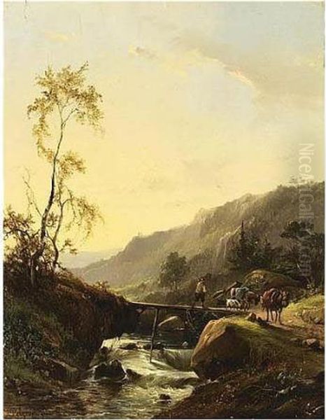 A Mountainous Landscape With A Traveller On A Bridge Oil Painting by Jacobus Pelgrom