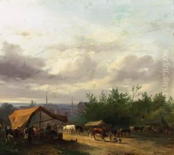 A Cattle-market With Factories In A Town Beyond Oil Painting by Jacobus Pelgrom