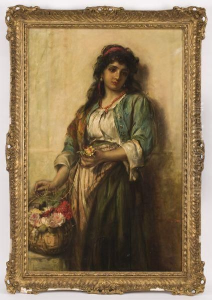 A Gypsy Girl With Flower Basket Oil Painting by Thomas Kent Pelham