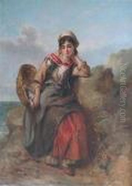 A Fisher Girl Seated On Coastal Rocks Oil Painting by Thomas Kent Pelham