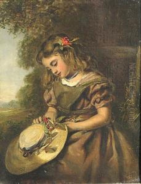 A Young Girl Holding Her Hat; Also A View Of A Town Along A Canal By Another Hand (2) Oil Painting by Thomas Kent Pelham