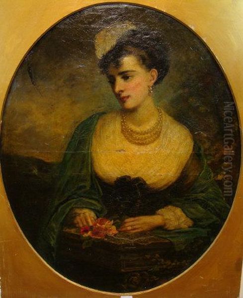 Portrait A Beautiful You Woman Wearing Pearls Oil Painting by Thomas Kent Pelham