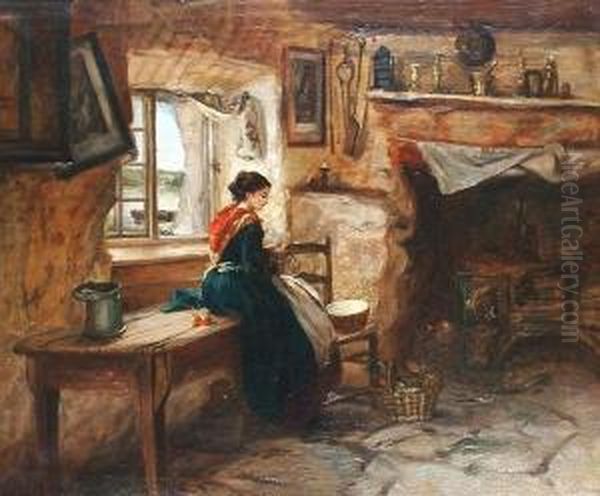 Apple Peeling At An Open Window. Oil Painting by Thomas Kent Pelham