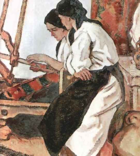 Peasant women working at a loom Oil Painting by Stefan Dimitrescu