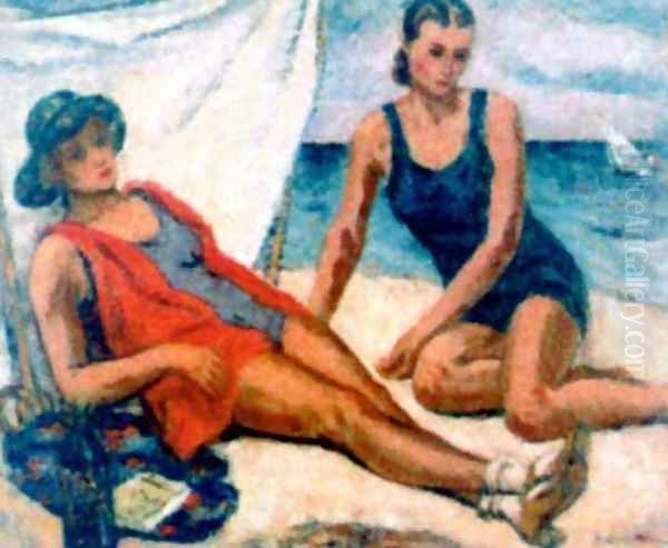 Women on the beach Oil Painting by Stefan Dimitrescu