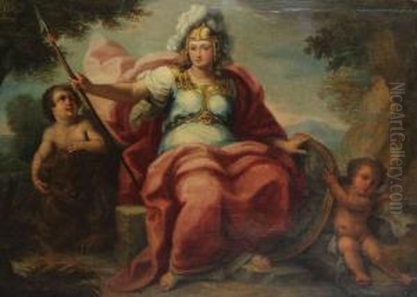 Athena In Landschap Geflankeerd Door Putto, Leeuw En Engeltje Oil Painting by Giovanni Antonio Pellegrini