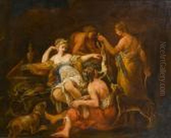 Nymphs Presenting Game To Diana The Huntress Oil Painting by Giovanni Antonio Pellegrini