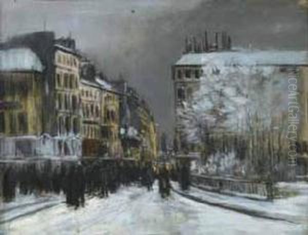 Rue Animee Et Square Sous La Neige Oil Painting by Pierre Jacques Pelletier