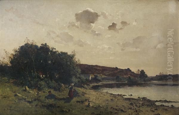 Enfants Au Repos Devant Un Paysage De Riviere Oil Painting by Leon Germain Pelouse