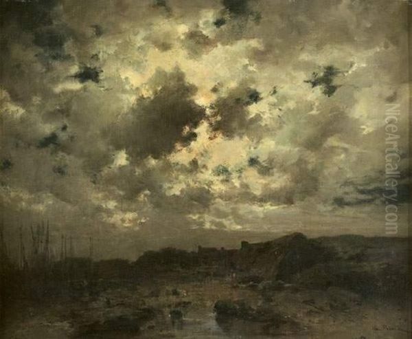 Le Passage De Lauriec Pres De Concarneau, Effet De Lune Oil Painting by Leon Germain Pelouse