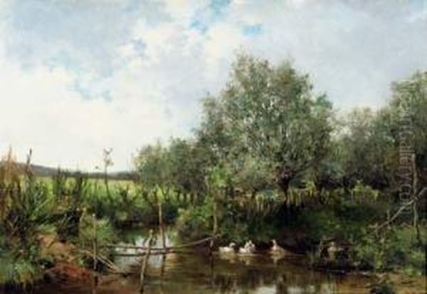 Ducks In A Pond Oil Painting by Leon Germain Pelouse