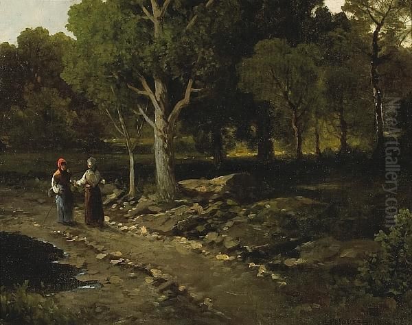 Two Figures On A Path In A Wooded Landscape Oil Painting by Leon Germain Pelouse