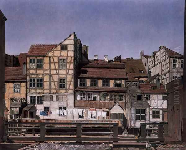 Houses at a Millrace 1820 Oil Painting by Ludwig Deppe