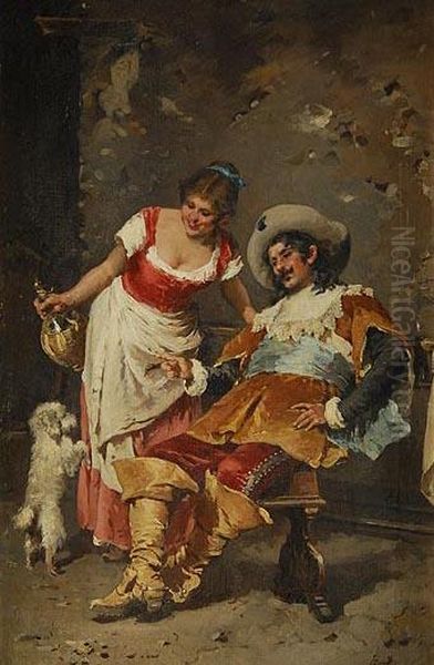 Dama Y Caballero Jugando Con Un Perro Oil Painting by Francesco Peluso