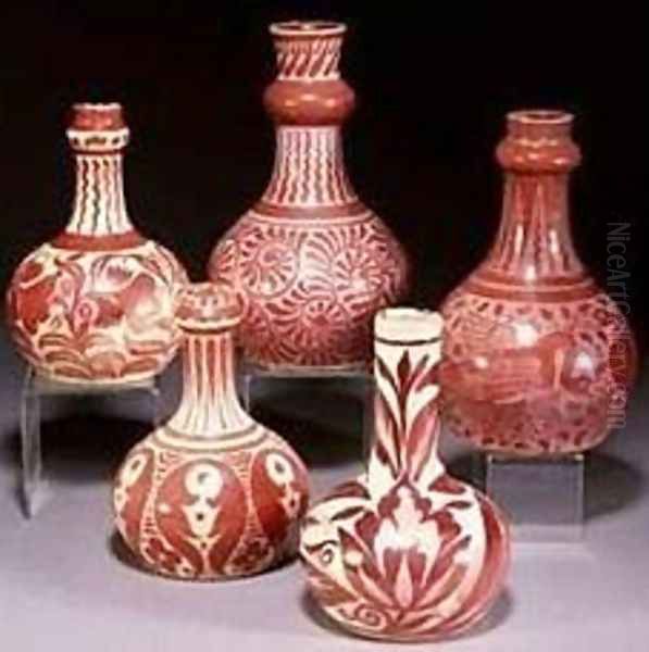 A Group of Ruby Lustre Vases Oil Painting by William Frend De Morgan