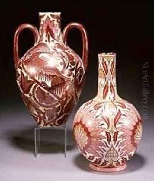 A Pink, Ruby and Gold Lustre Vase and a Ruby Lustre Vase with Ferocious Reptiles Oil Painting by William Frend De Morgan