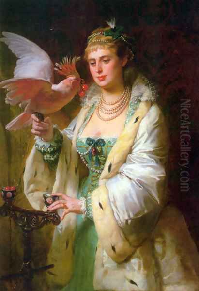 A Treat for her Pet Oil Painting by Edouard-Marie-Guillaume Dubufe