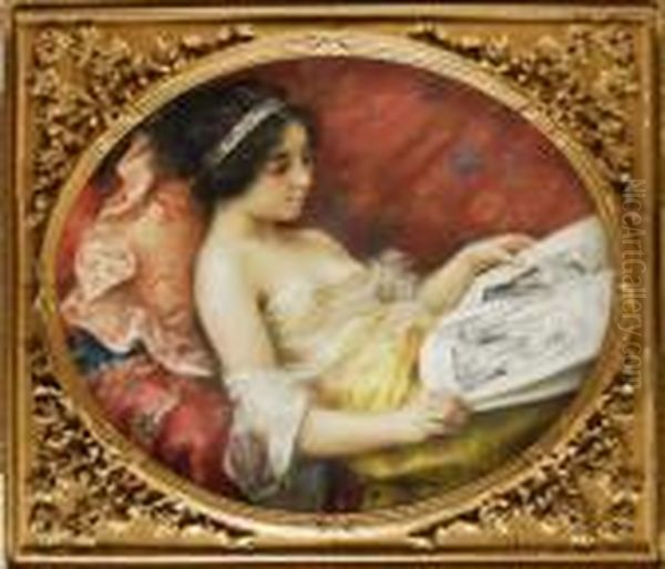 Dama Joven Leyendo En Un Divan Oil Painting by Maximino Pena Y Munoz