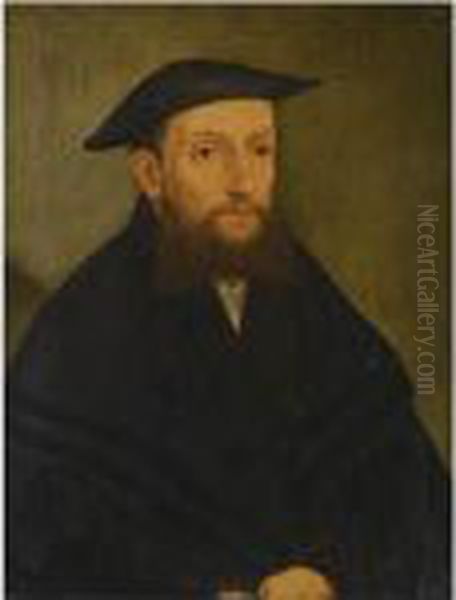 Portrait Of A Bearded Gentleman, Half Length, Wearing A Black Coatand Hat Oil Painting by Georg Pencz