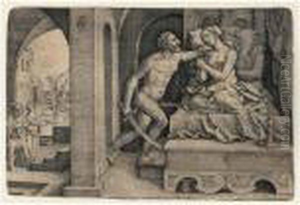 Four Scenes From Early Roman 
History, Plate I Sextus Tarquinius Raping Lucretia (b. 78; Holl.130) Oil Painting by Georg Pencz