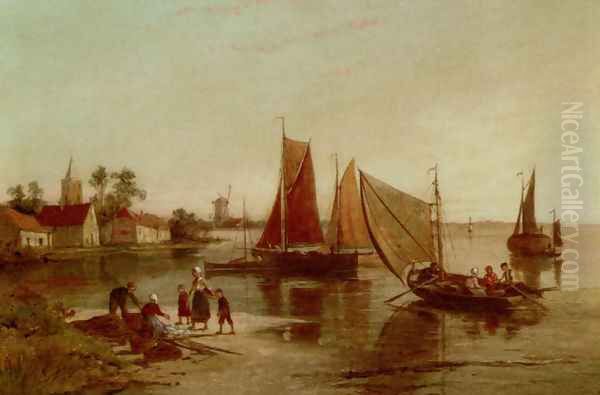 Dutch Fisherfolk Sorting The Catch Oil Painting by William Raymond Dommersen