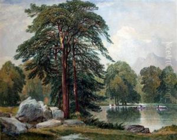 Wooded Lake Scene With Boat & Figures Oil Painting by Aaron Edwin Penley