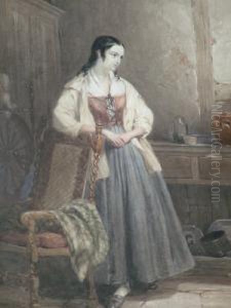 Study A Woman Standing Full Length In An Interior; Watercolour, Signed, 38x28cm Oil Painting by Aaron Edwin Penley