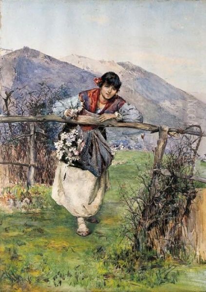 Ragazza In Costume Con Fiori, Appoggiata Allo Steccato Oil Painting by Domenico Pennacchini