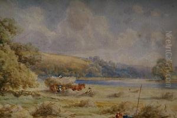 On The Thames Above Windsor, And Anothersimilar, A Harvesting Landscape, A Pair Oil Painting by Harry Pennell