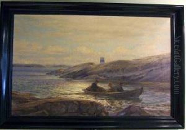 Eka Med Fiskare I Flodvass. Oil Painting by Harry Pennell