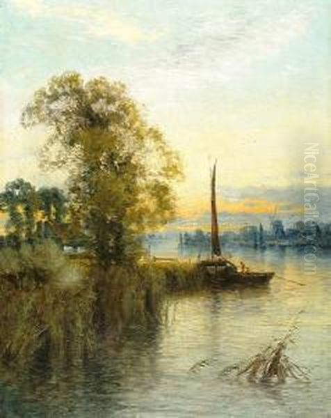 A Continental River Landscape At Sunset Oil Painting by Harry Pennell