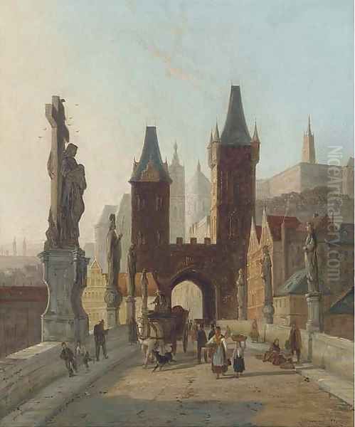 Traders on the Charles Bridge, Prague Oil Painting by William Raymond Dommersen