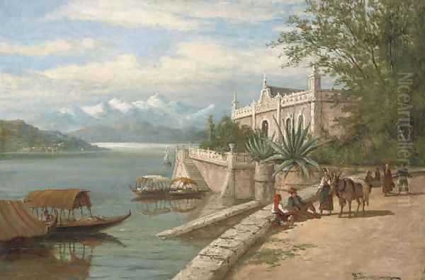 Travellers resting before lake Como Oil Painting by William Raymond Dommersen