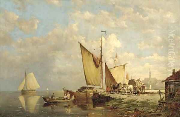 Unloading barges on the quay Oil Painting by William Raymond Dommersen