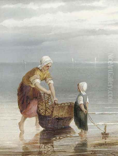 A mother crabbing with her child Oil Painting by William Raymond Dommersen