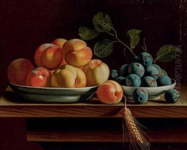 Peaches And Plums In Dishes With A Blade Of Wheat On A Tabletop Oil Painting by Jean Valette-Falgores