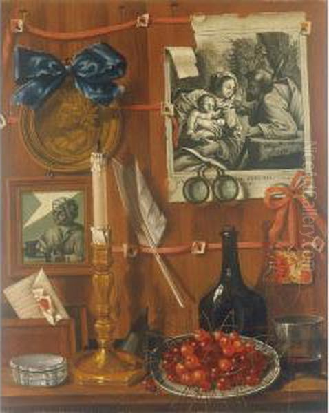 Trompe L'oeil With A Basket Of Cherries On A Table And Engravings Tacked Up To A Wall Oil Painting by Jean Valette-Falgores